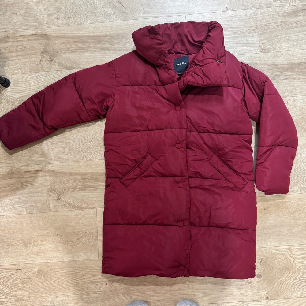 Monki Quilted Puffer Jacket in Deep Red